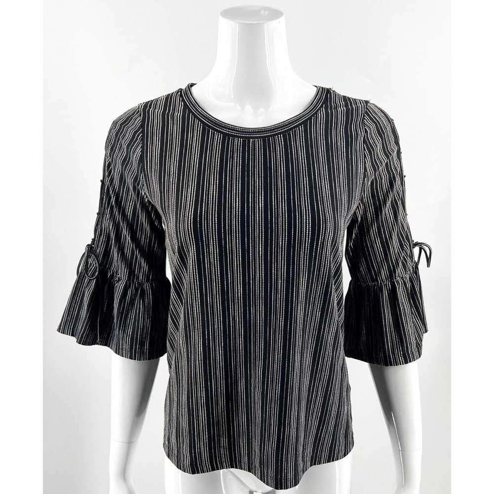 Lucky Brand Top Size XS Black White Striped Lace Up Bell Sleeve Blouse Womens